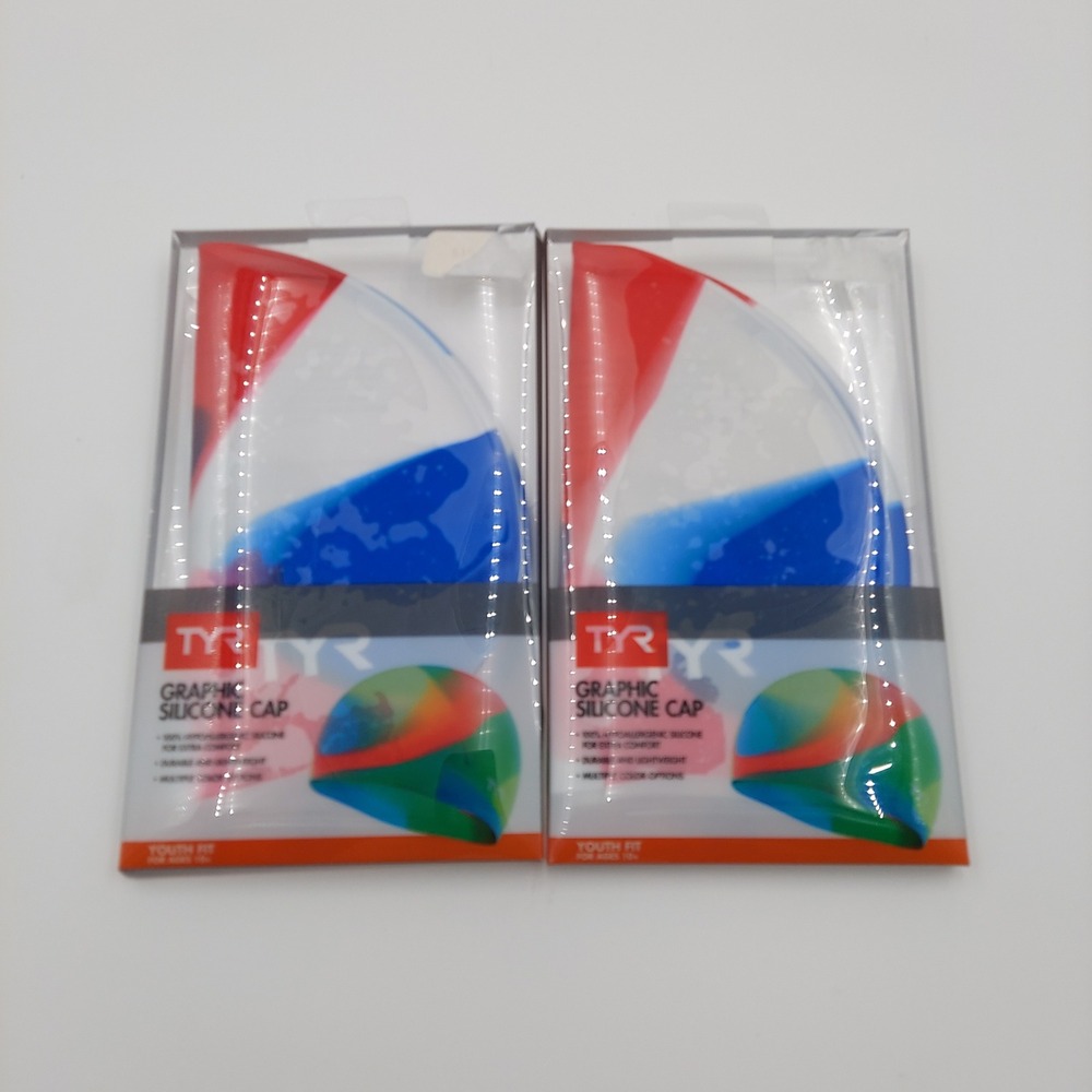 Pack of 2 TYR Swim Cap Kids Youth OS Red White Blue Silicone Junior LCSJRTD